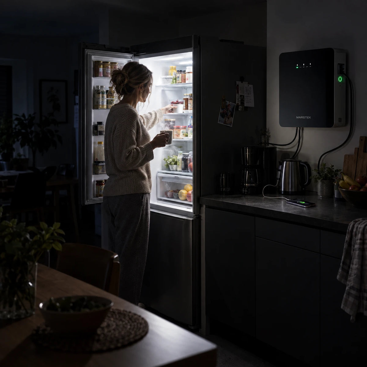 Een vrouw pakt iets uit de verlichte koelkast; aan de muur hangt een MARSTEK-thuisbatterij